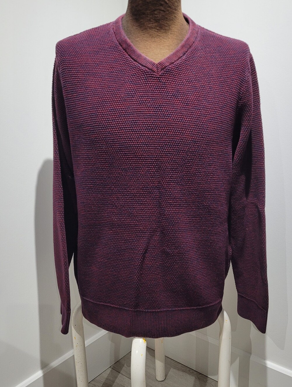 Denver Hayes Men's Cotton Waffle Knit V-Neck Sweater Large Plum Fall Layering